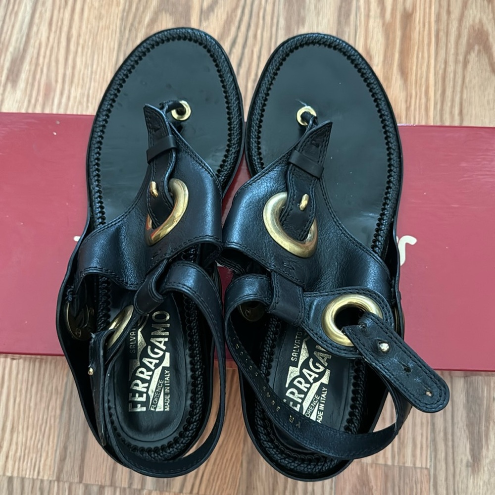 Salvatore Ferragamo Black Flat Sandals- Size 7.5M